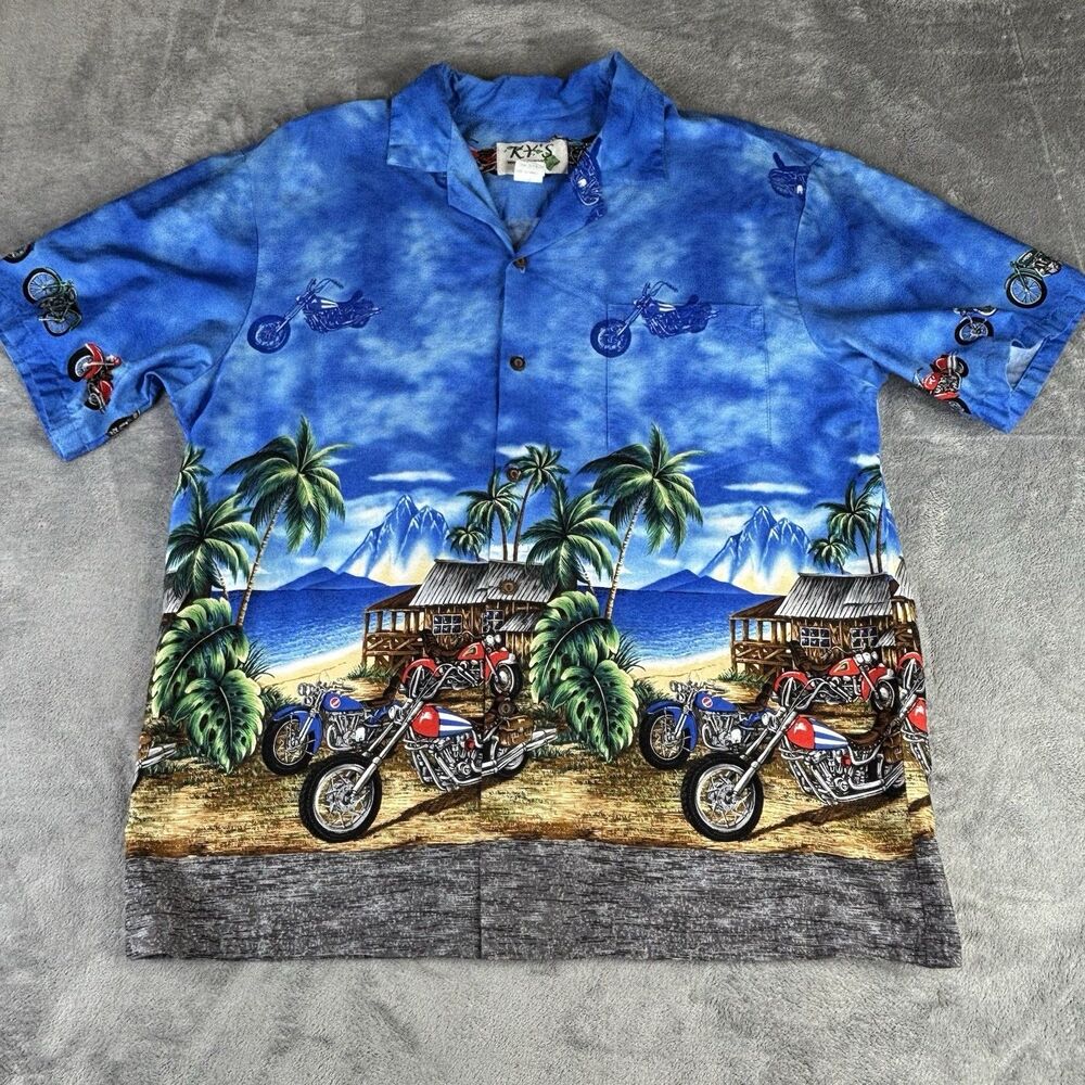 Vintage KY's Hawaiian Shirt Men's L Motorcycle Ocean Mountain‎ Beach Hut Scene